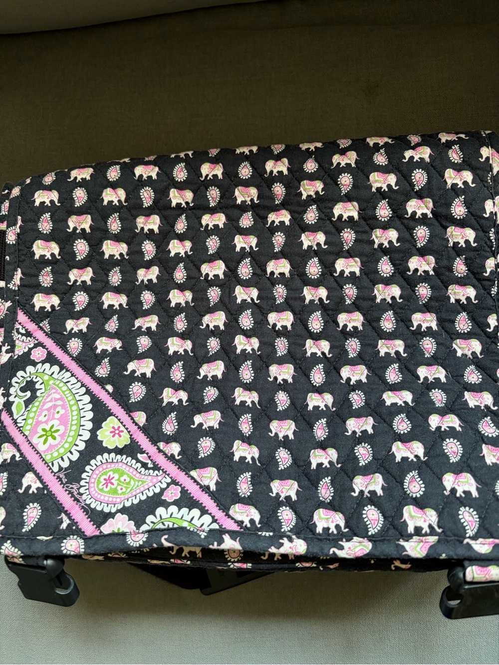 Vera Bradley Black Bag with Pink and Green Paisley Elephant Print Laptop Bag